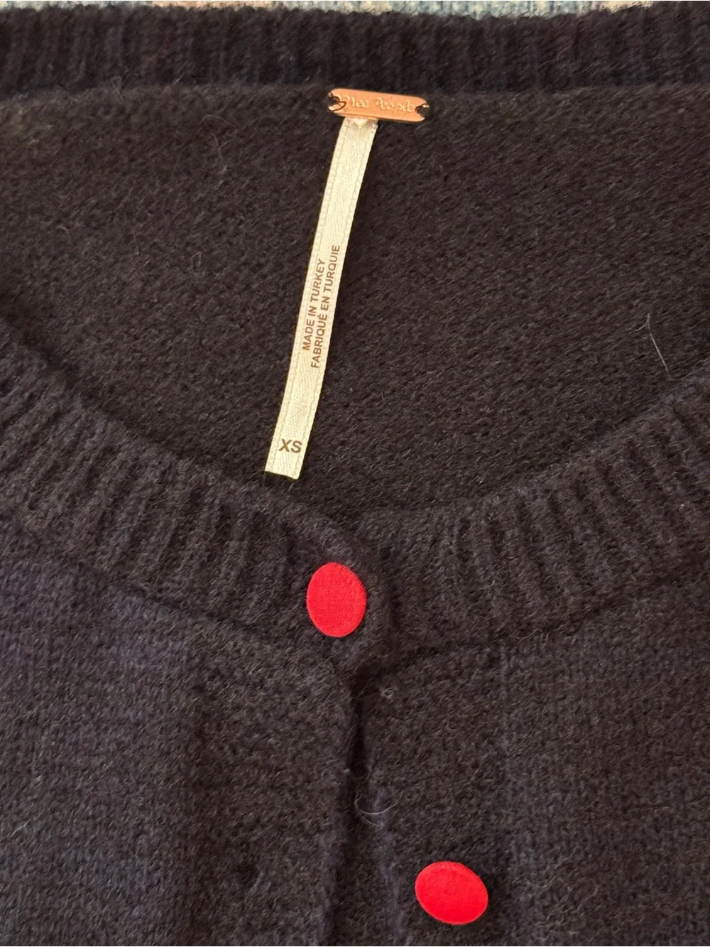 Free People Nonna Knit Navy Cropped Cardigan with Red Floral Intarsia